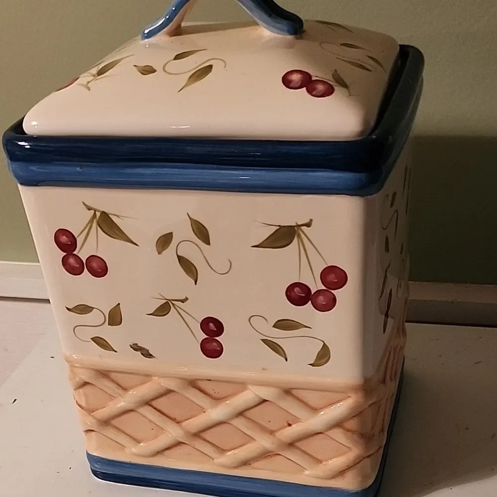 Cherry Pattern Ceramic Canister with Blue Accents